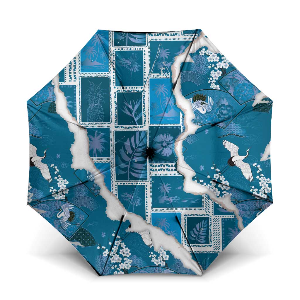 Hawaii Japanese Culture Blue Umbrella Spring Cranes Aloha Pattern LT01 One Size Folded 11.42 inch Opened Diameter 37.4 inch Blue - Polynesian Pride