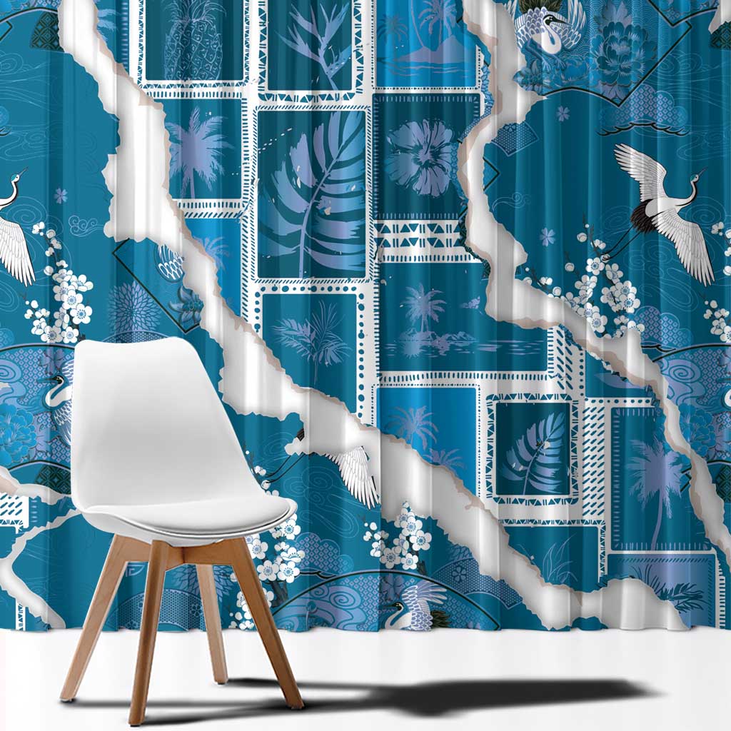 Hawaii Japanese Culture Blue Window Curtain Spring Cranes Aloha Pattern LT01 - Polynesian Pride