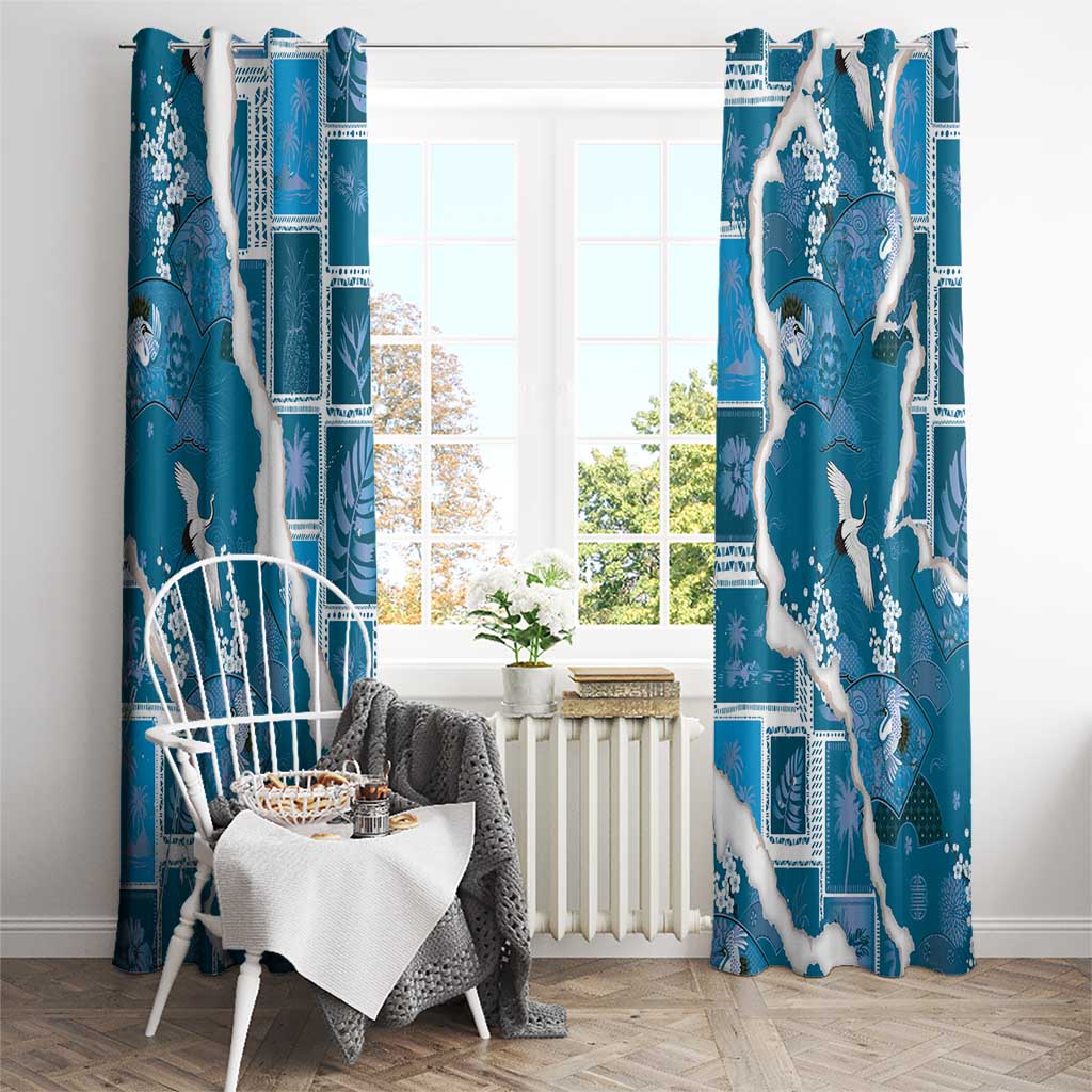 Hawaii Japanese Culture Blue Window Curtain Spring Cranes Aloha Pattern LT01 - Polynesian Pride