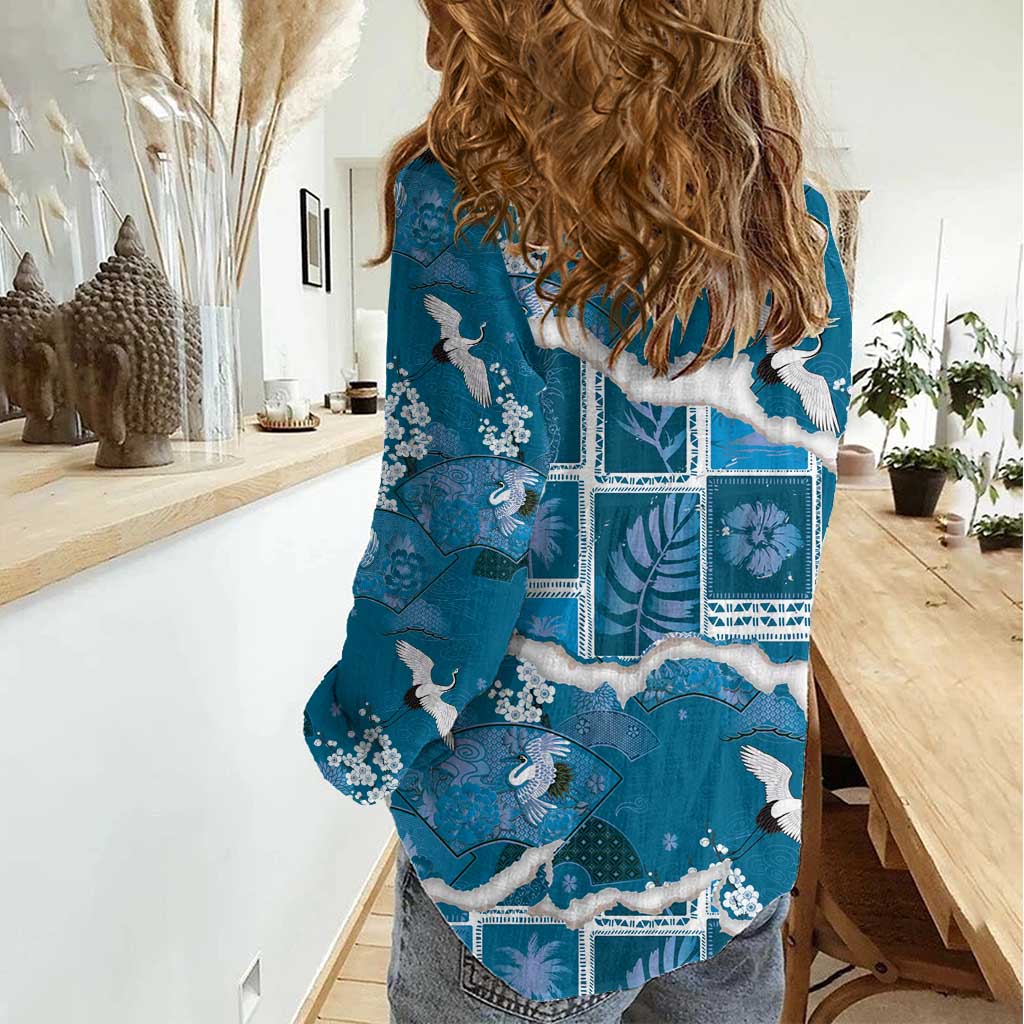 Hawaii Japanese Culture Blue Women Casual Shirt Spring Cranes Aloha Pattern