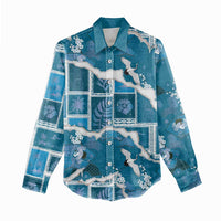 Hawaii Japanese Culture Blue Women Casual Shirt Spring Cranes Aloha Pattern