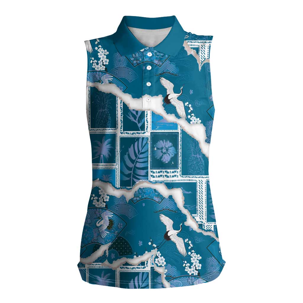 Hawaii Japanese Culture Blue Women Sleeveless Polo Shirt Spring Cranes Aloha Pattern LT01 Female Blue - Polynesian Pride