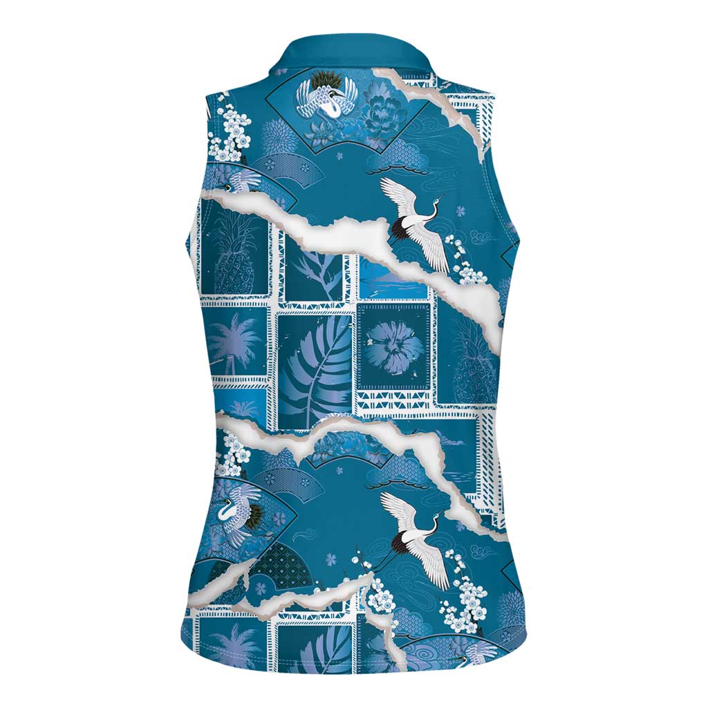 Hawaii Japanese Culture Blue Women Sleeveless Polo Shirt Spring Cranes Aloha Pattern LT01 - Polynesian Pride