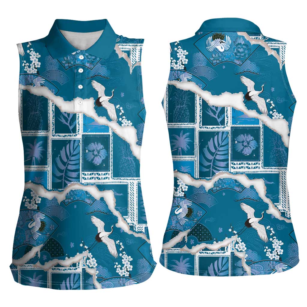 Hawaii Japanese Culture Blue Women Sleeveless Polo Shirt Spring Cranes Aloha Pattern LT01 - Polynesian Pride