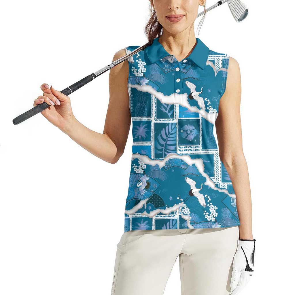 Hawaii Japanese Culture Blue Women Sleeveless Polo Shirt Spring Cranes Aloha Pattern LT01 - Polynesian Pride