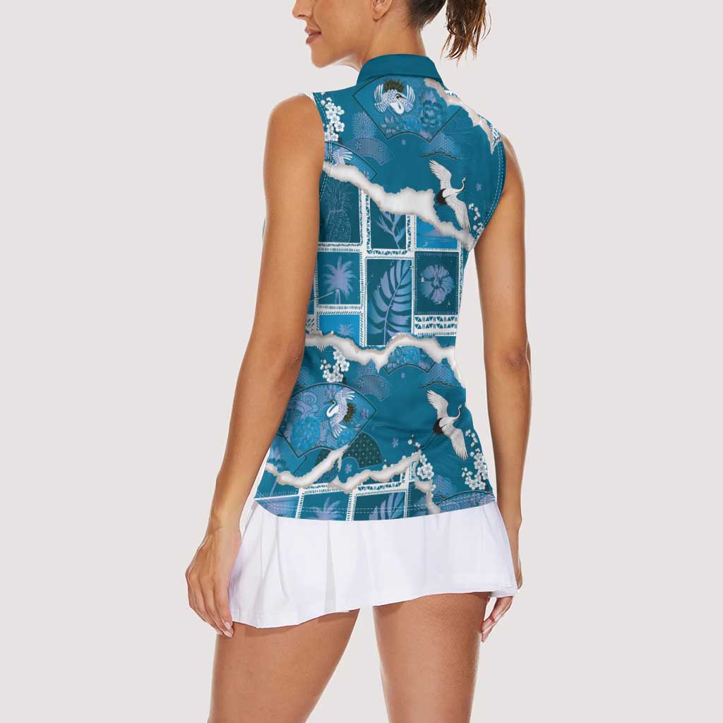 Hawaii Japanese Culture Blue Women Sleeveless Polo Shirt Spring Cranes Aloha Pattern LT01 - Polynesian Pride