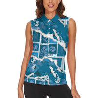 Hawaii Japanese Culture Blue Women Sleeveless Polo Shirt Spring Cranes Aloha Pattern LT01 - Polynesian Pride