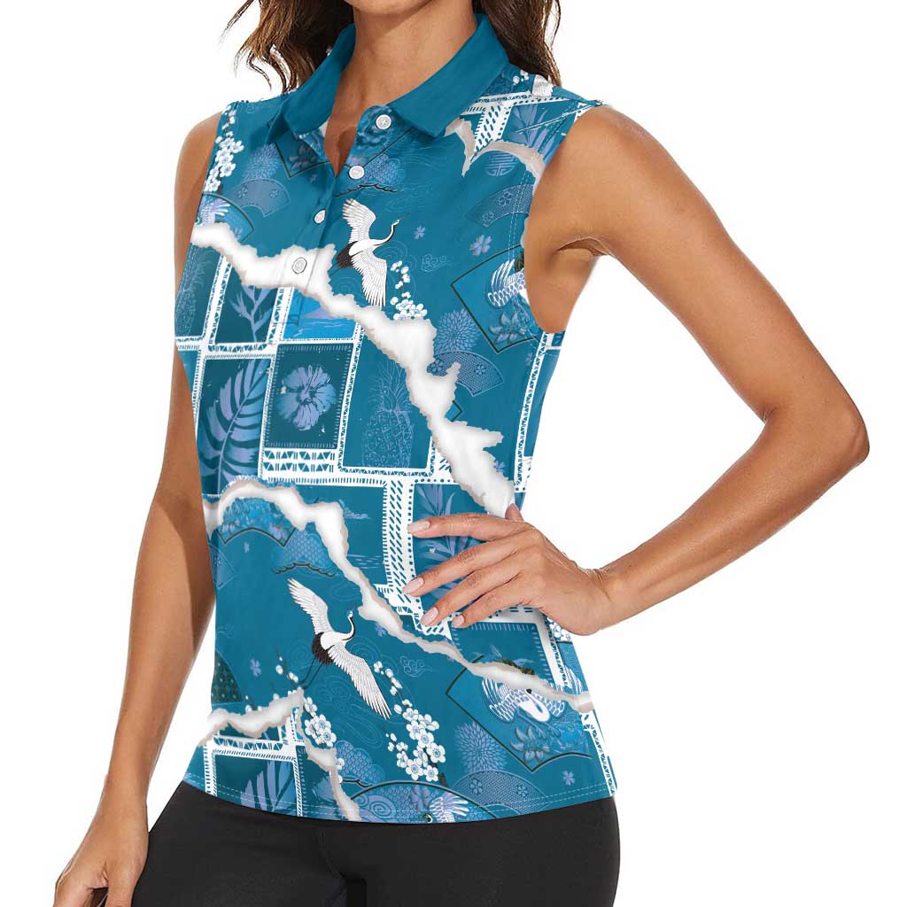 Hawaii Japanese Culture Blue Women Sleeveless Polo Shirt Spring Cranes Aloha Pattern LT01 - Polynesian Pride