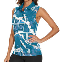 Hawaii Japanese Culture Blue Women Sleeveless Polo Shirt Spring Cranes Aloha Pattern LT01 - Polynesian Pride