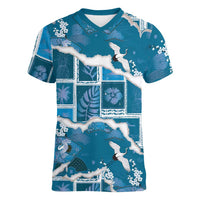 Hawaii Japanese Culture Blue Women V-Neck T-Shirt Spring Cranes Aloha Pattern