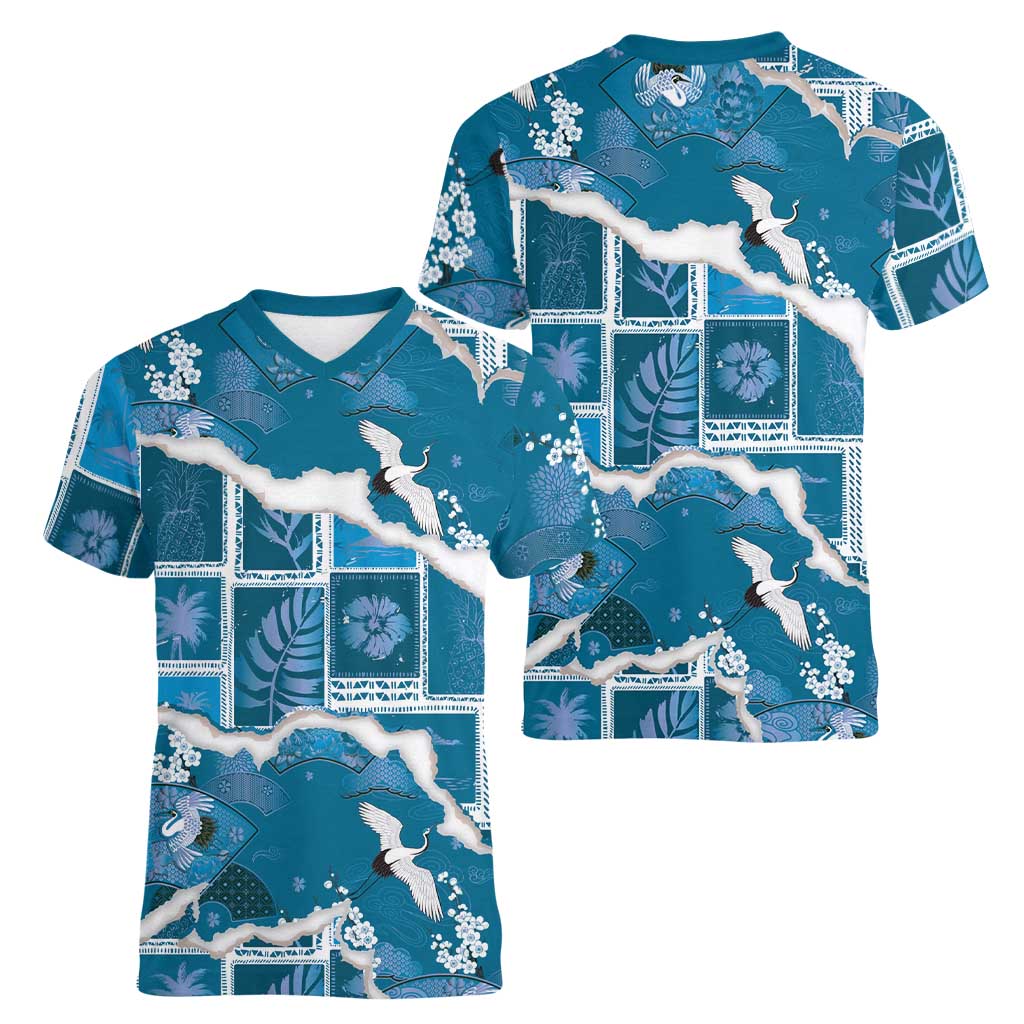 Hawaii Japanese Culture Blue Women V-Neck T-Shirt Spring Cranes Aloha Pattern