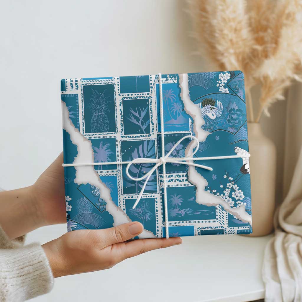 Hawaii Japanese Culture Blue Wrapping Paper Spring Cranes Aloha Pattern LT01 - Polynesian Pride
