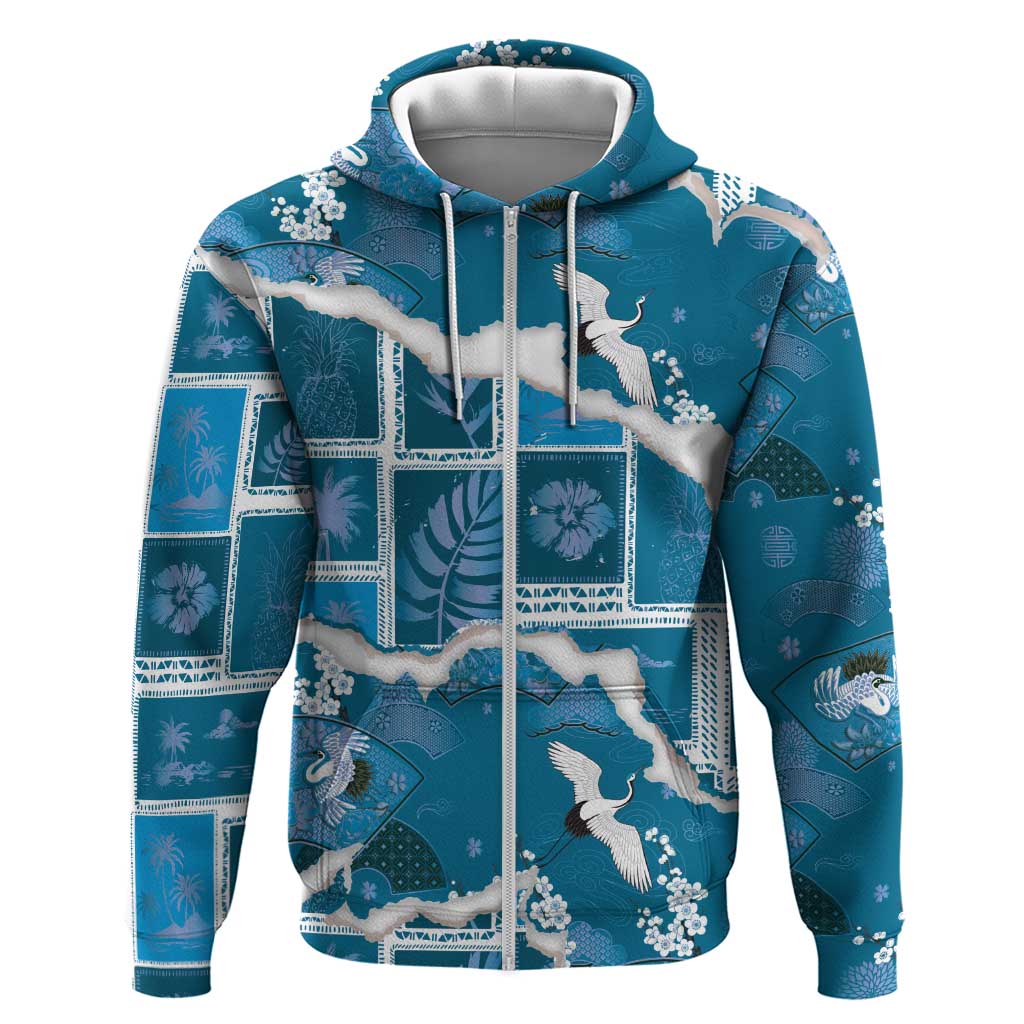 Hawaii Japanese Culture Blue Zip Hoodie Spring Cranes Aloha Pattern