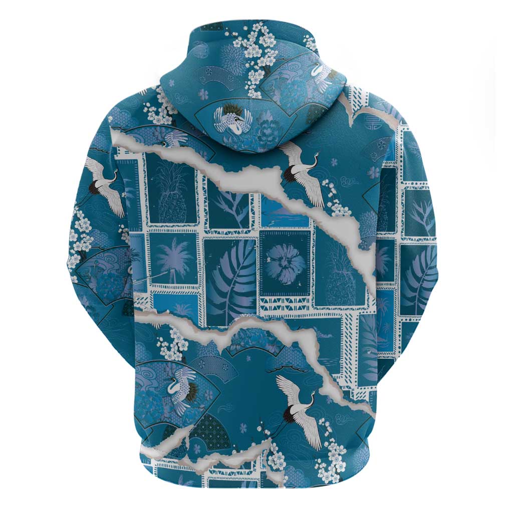 Hawaii Japanese Culture Blue Zip Hoodie Spring Cranes Aloha Pattern