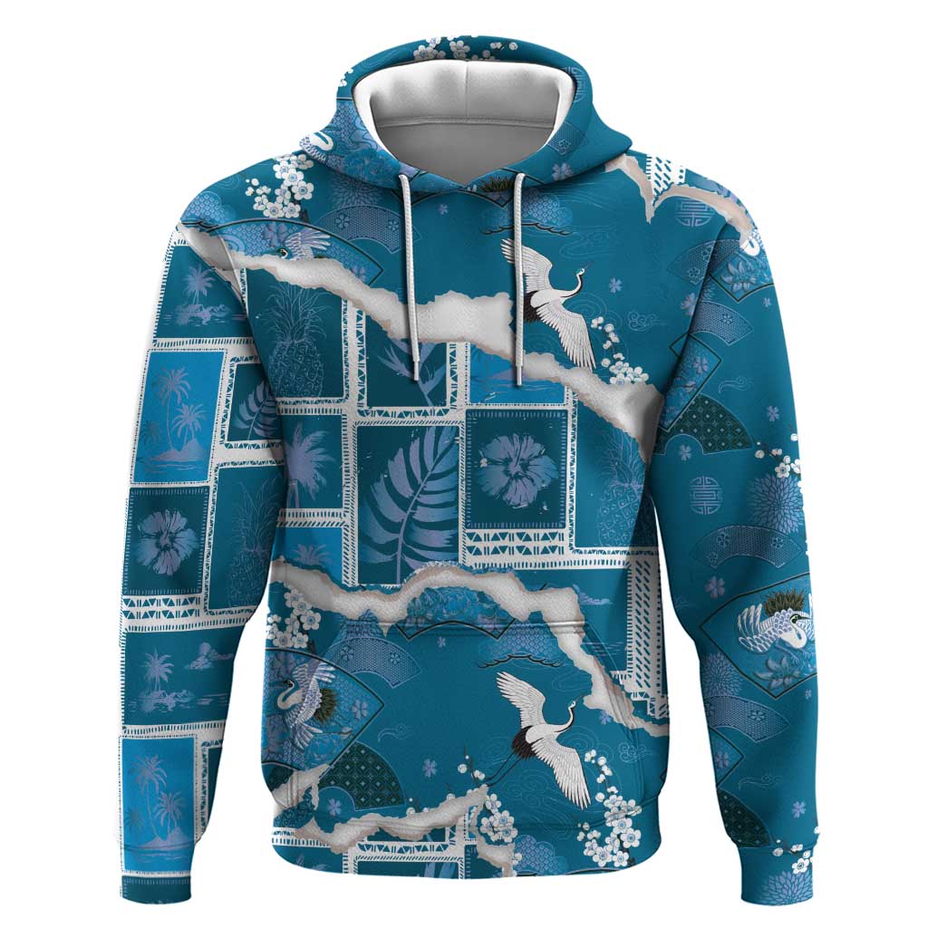 Hawaii Japanese Culture Blue Zip Hoodie Spring Cranes Aloha Pattern
