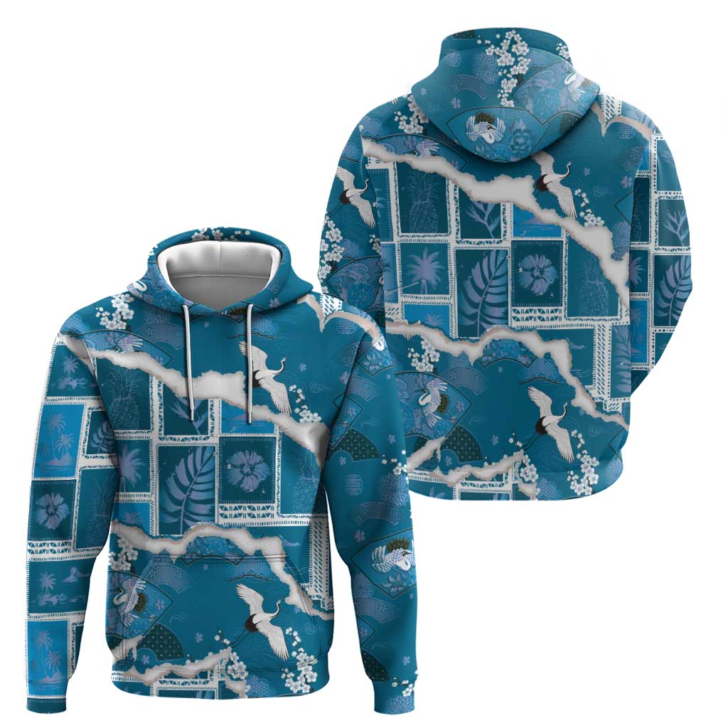 Hawaii Japanese Culture Blue Zip Hoodie Spring Cranes Aloha Pattern