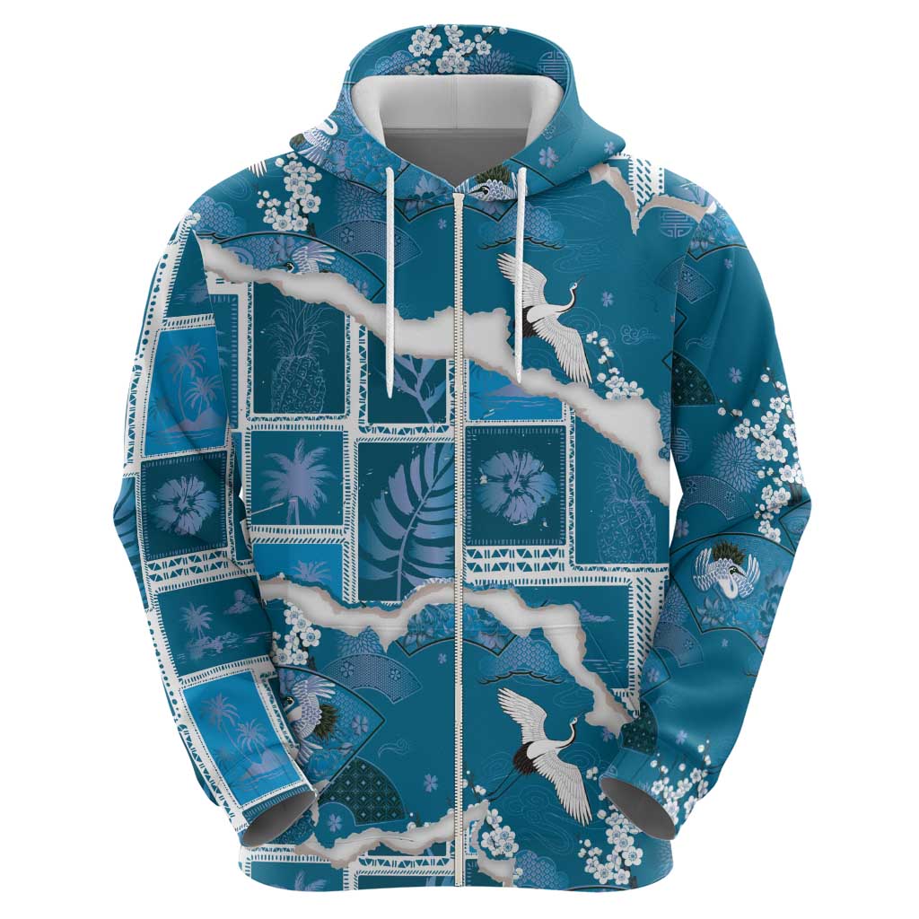 Hawaii Japanese Culture Blue Zip Hoodie Spring Cranes Aloha Pattern