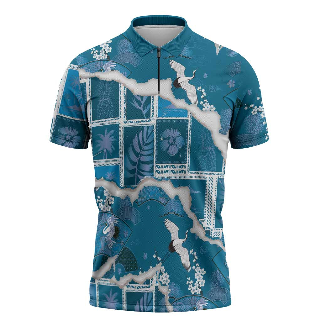 Hawaii Japanese Culture Blue Zipper Polo Shirt Spring Cranes Aloha Pattern LT01 Blue - Polynesian Pride