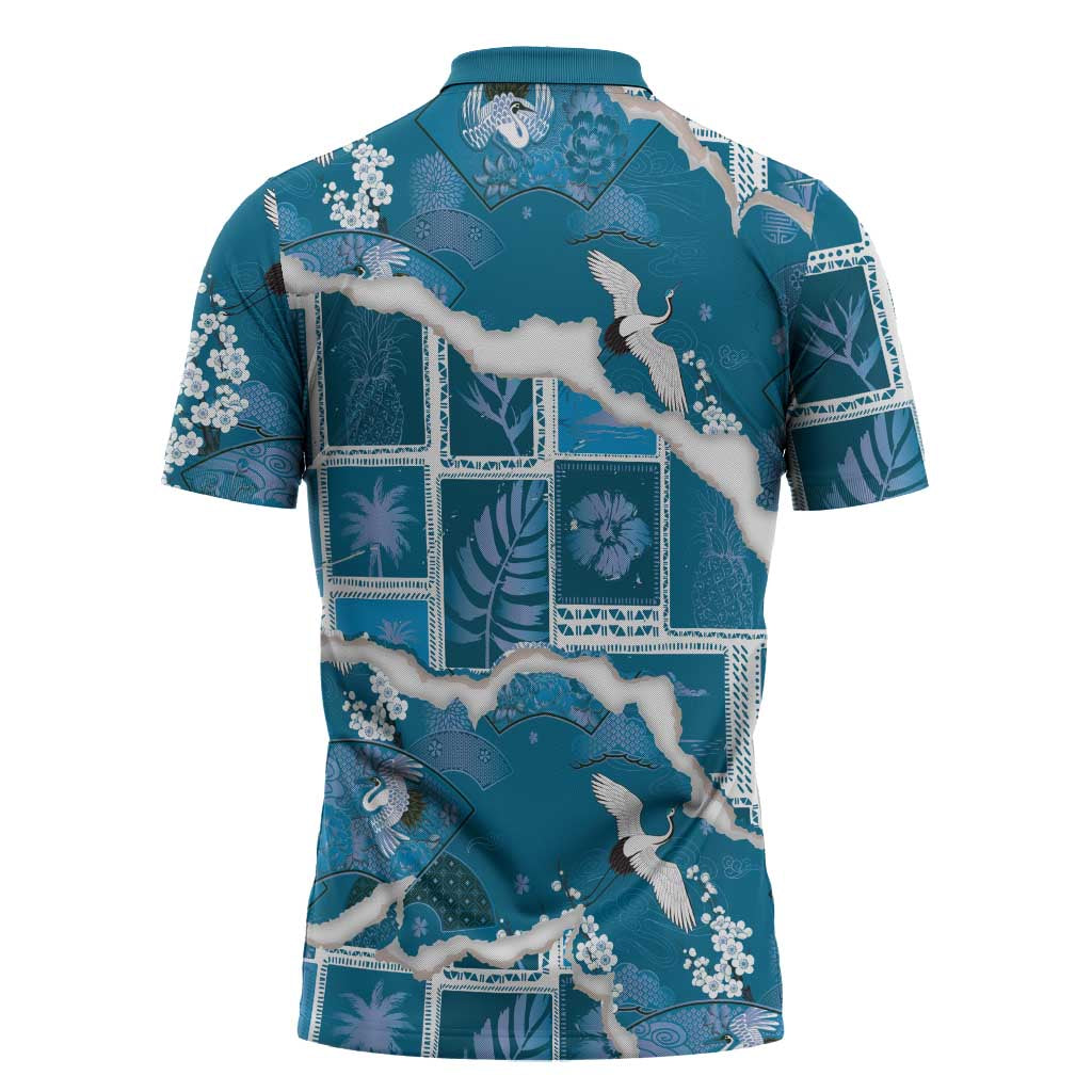 Hawaii Japanese Culture Blue Zipper Polo Shirt Spring Cranes Aloha Pattern LT01 - Polynesian Pride