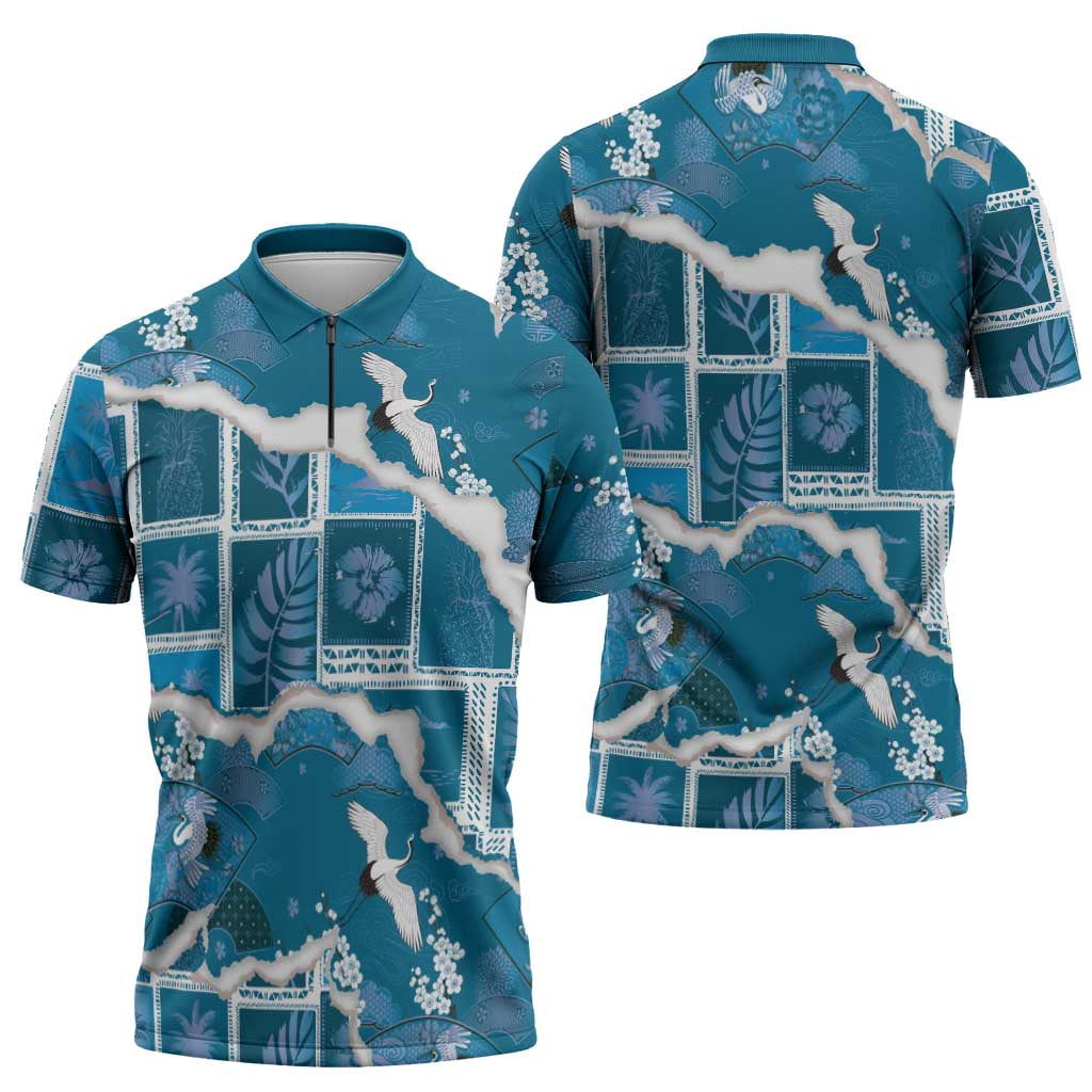 Hawaii Japanese Culture Blue Zipper Polo Shirt Spring Cranes Aloha Pattern LT01 - Polynesian Pride