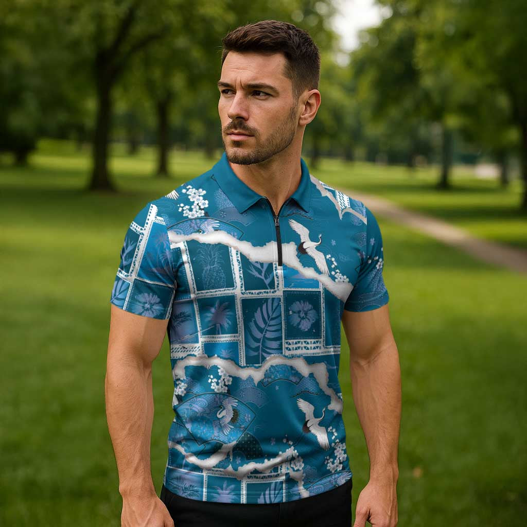 Hawaii Japanese Culture Blue Zipper Polo Shirt Spring Cranes Aloha Pattern LT01 - Polynesian Pride