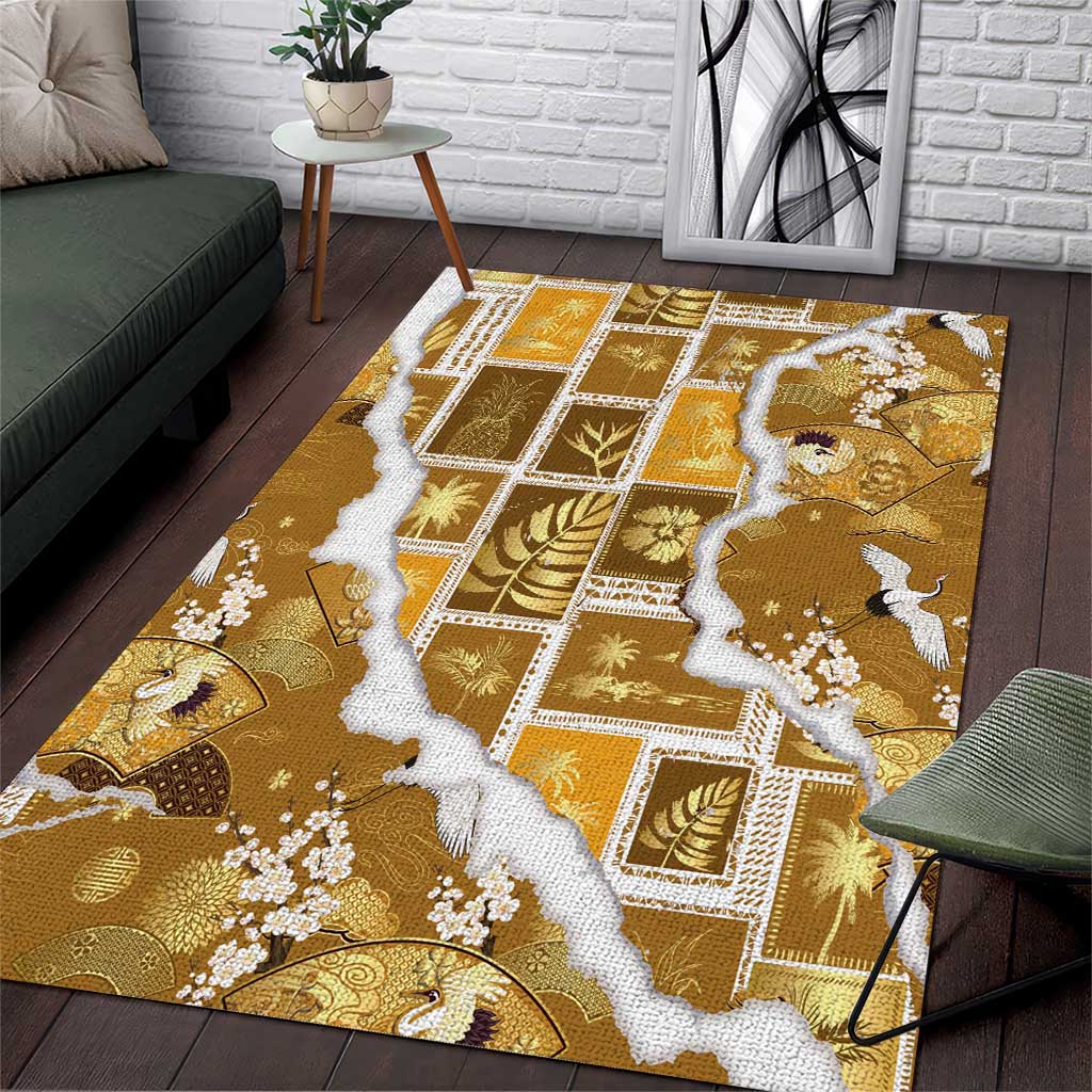 Hawaii Japanese Culture Gold Area Rug Spring Cranes Aloha Pattern