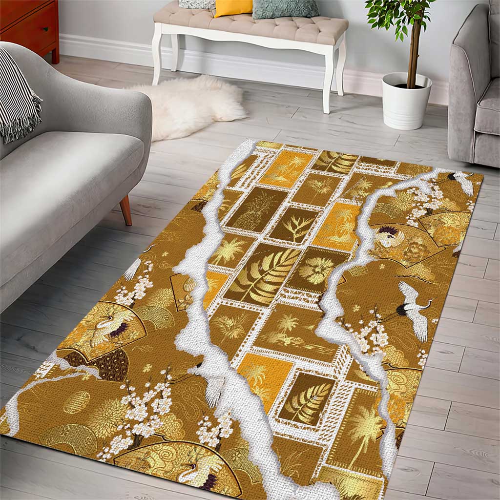 Hawaii Japanese Culture Gold Area Rug Spring Cranes Aloha Pattern