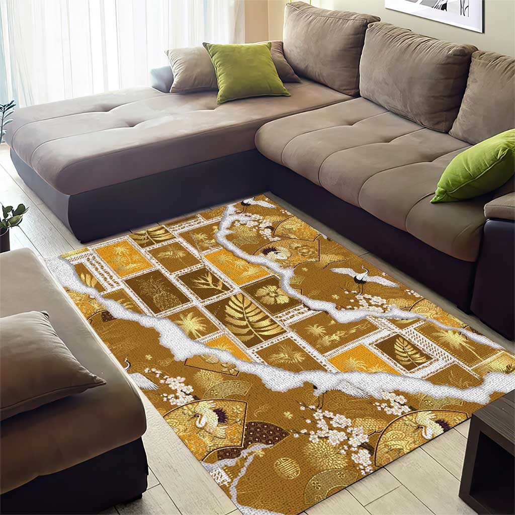Hawaii Japanese Culture Gold Area Rug Spring Cranes Aloha Pattern
