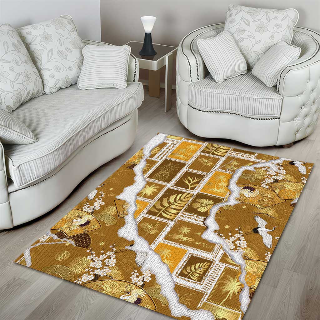 Hawaii Japanese Culture Gold Area Rug Spring Cranes Aloha Pattern