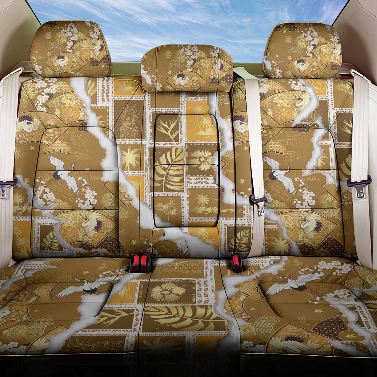 Hawaii Japanese Culture Gold Back Car Seat Cover Spring Cranes Aloha Pattern