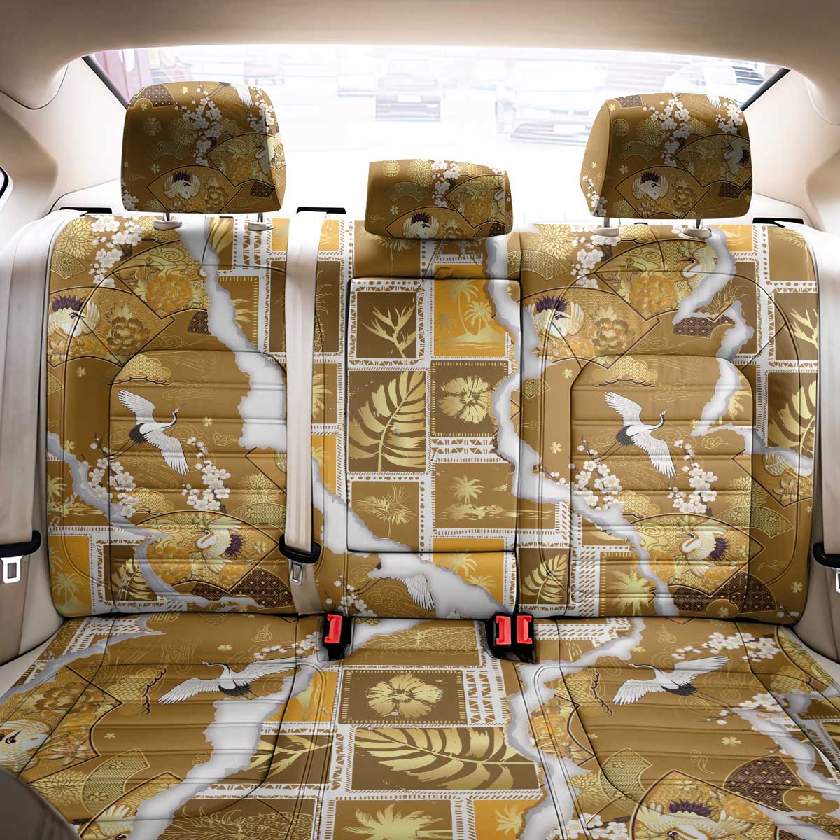 Hawaii Japanese Culture Gold Back Car Seat Cover Spring Cranes Aloha Pattern LT01 - Polynesian Pride