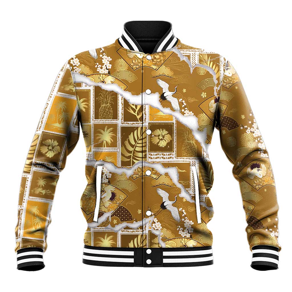 Hawaii Japanese Culture Gold Baseball Jacket Spring Cranes Aloha Pattern LT01 Unisex Gold - Polynesian Pride