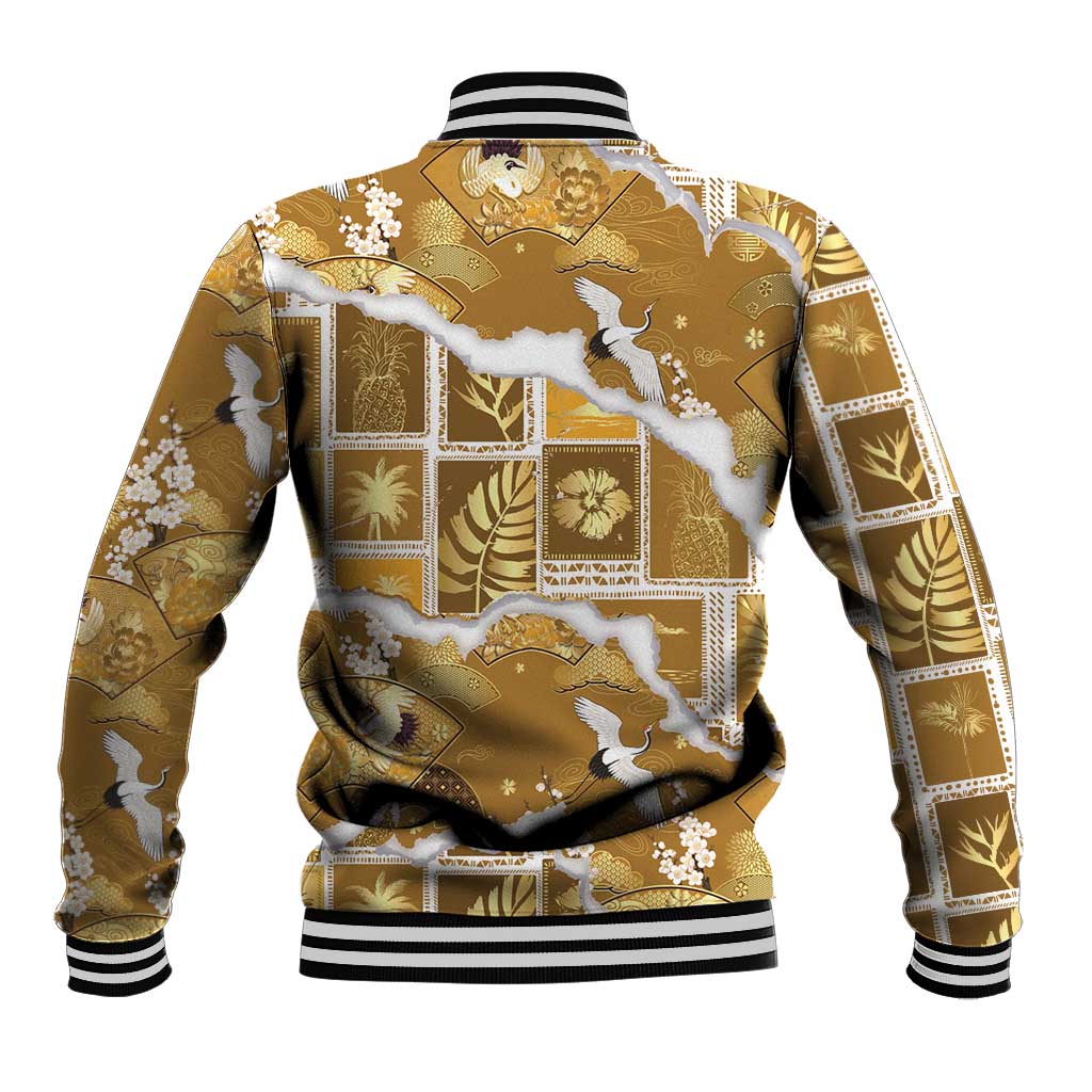 Hawaii Japanese Culture Gold Baseball Jacket Spring Cranes Aloha Pattern LT01 - Polynesian Pride