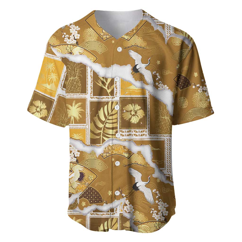 Hawaii Japanese Culture Gold Baseball Jersey Spring Cranes Aloha Pattern LT01 Gold - Polynesian Pride