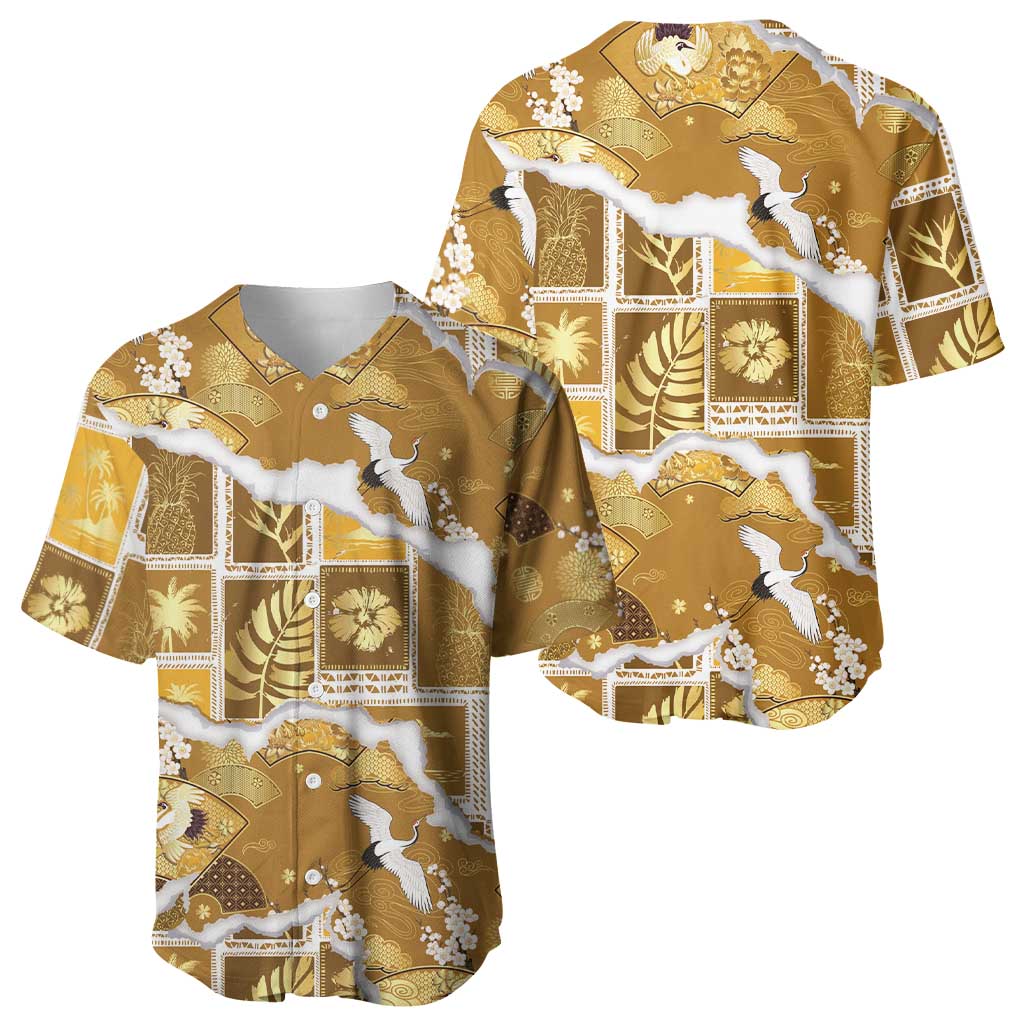 Hawaii Japanese Culture Gold Baseball Jersey Spring Cranes Aloha Pattern LT01 - Polynesian Pride