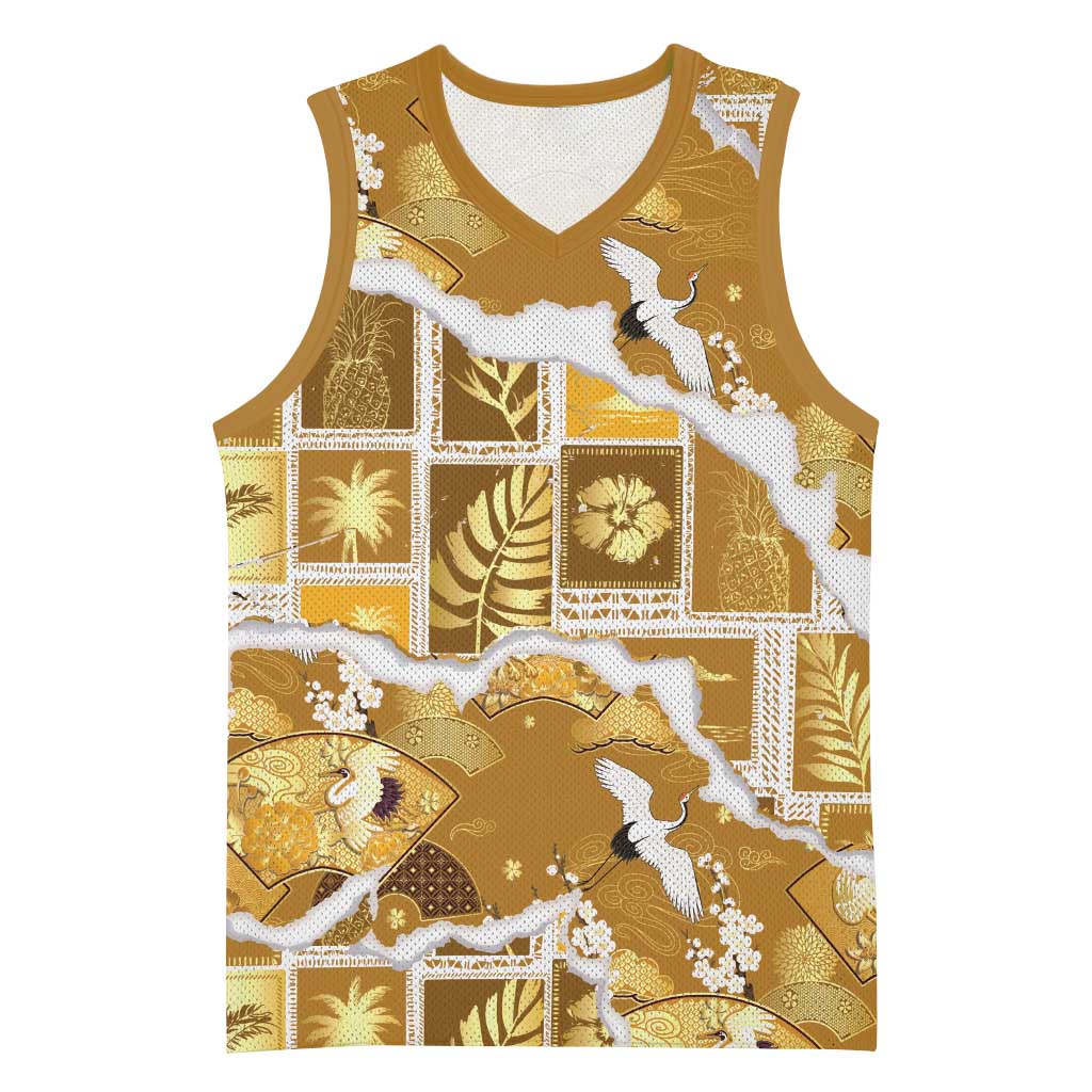 Hawaii Japanese Culture Gold Basketball Jersey Spring Cranes Aloha Pattern LT01 Unisex Gold - Polynesian Pride