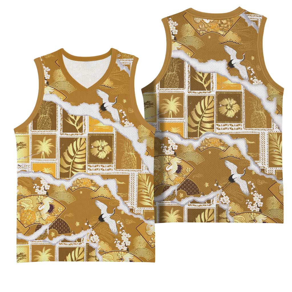 Hawaii Japanese Culture Gold Basketball Jersey Spring Cranes Aloha Pattern LT01 - Polynesian Pride