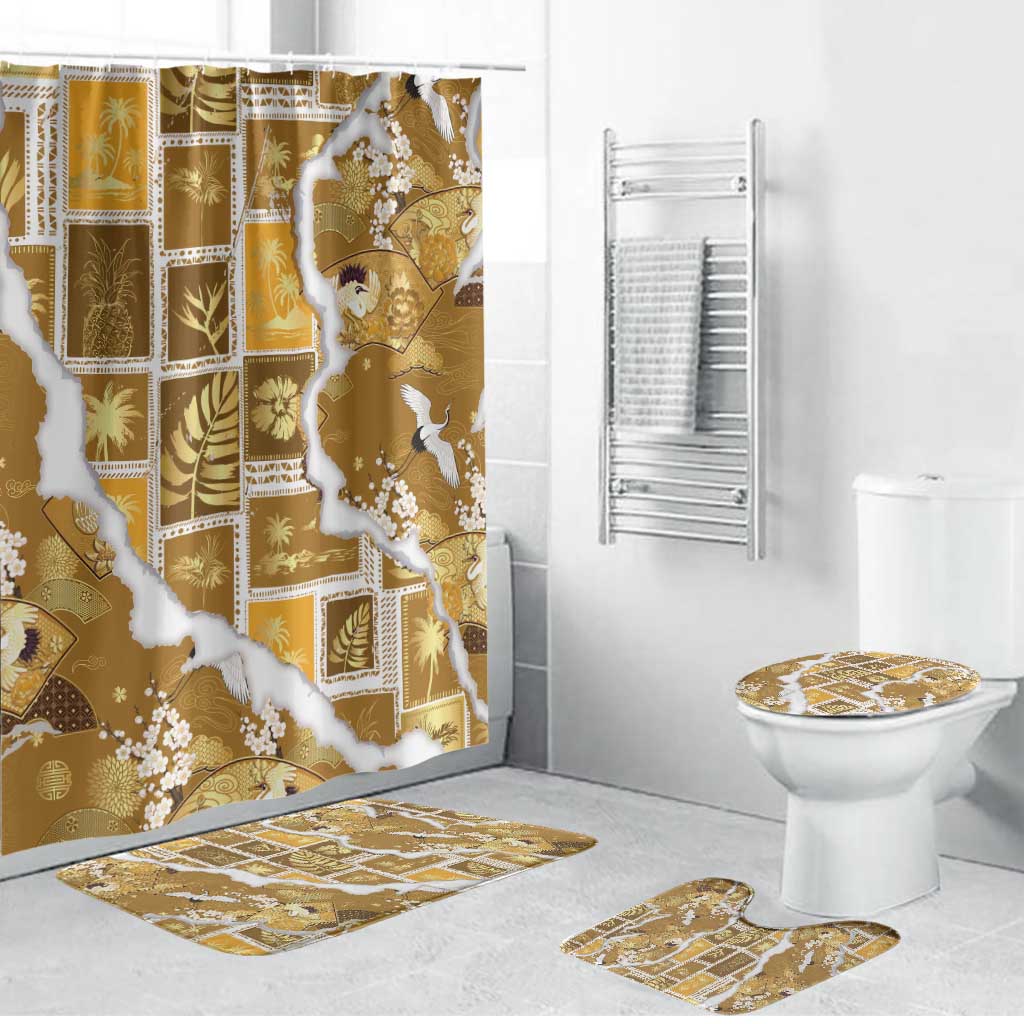Hawaii Japanese Culture Gold Bathroom Set Spring Cranes Aloha Pattern LT01 Bathroom Set (4 pcs) Gold - Polynesian Pride