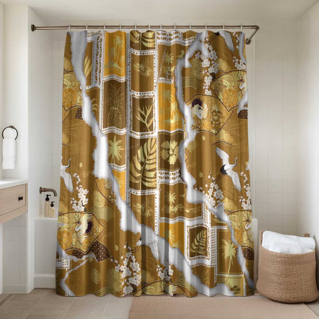 Hawaii Japanese Culture Gold Bathroom Set Spring Cranes Aloha Pattern LT01 Shower Curtain Only Gold - Polynesian Pride