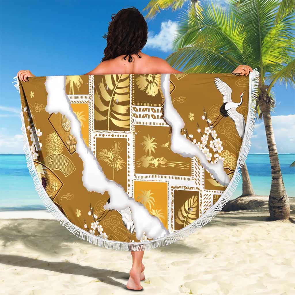 Hawaii Japanese Culture Gold Beach Blanket Spring Cranes Aloha Pattern LT01 - Polynesian Pride