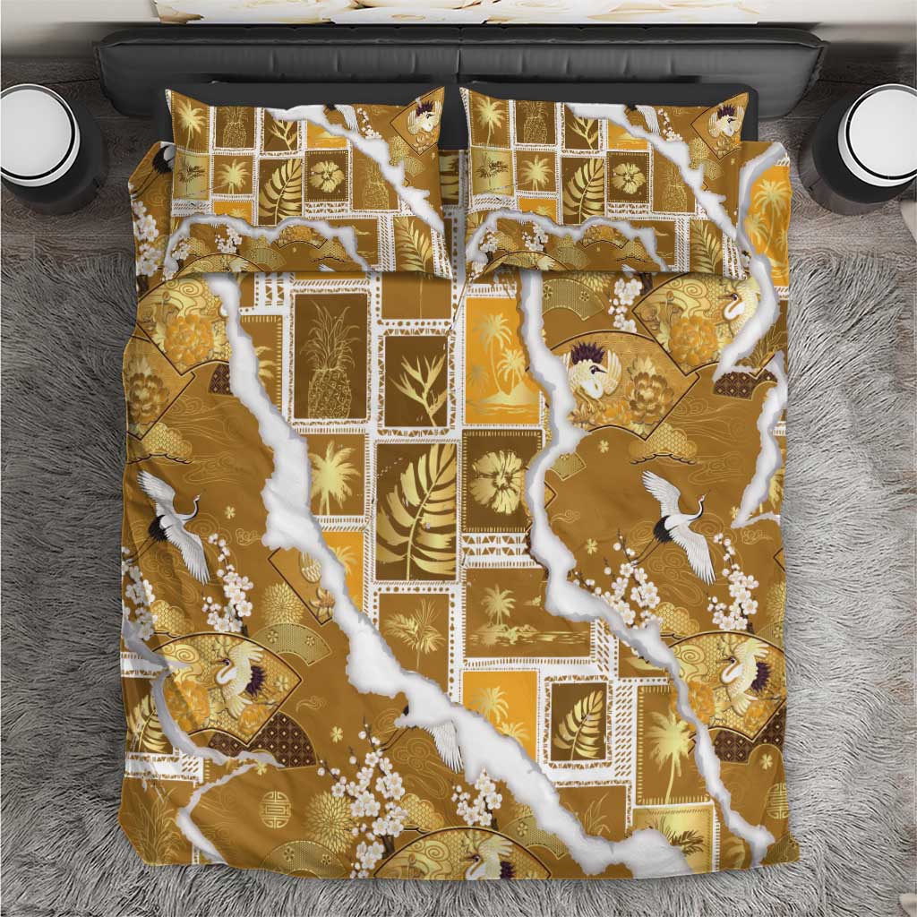 Hawaii Japanese Culture Gold Bedding Set Spring Cranes Aloha Pattern LT01 Gold - Polynesian Pride