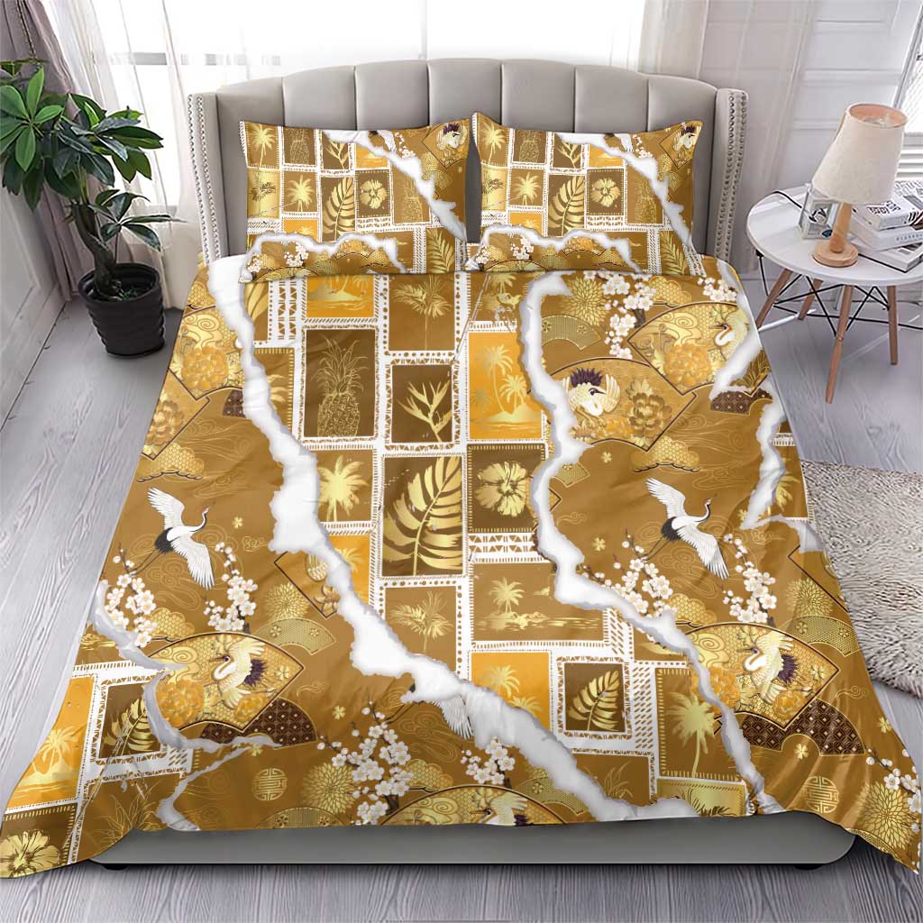 Hawaii Japanese Culture Gold Bedding Set Spring Cranes Aloha Pattern LT01 - Polynesian Pride