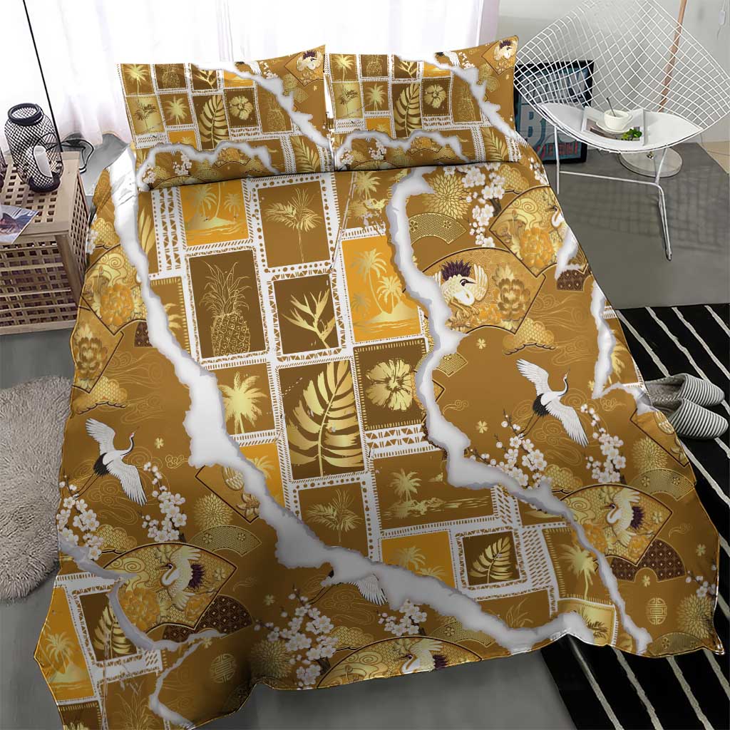 Hawaii Japanese Culture Gold Bedding Set Spring Cranes Aloha Pattern LT01 - Polynesian Pride