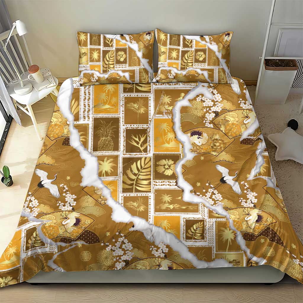 Hawaii Japanese Culture Gold Bedding Set Spring Cranes Aloha Pattern LT01 - Polynesian Pride