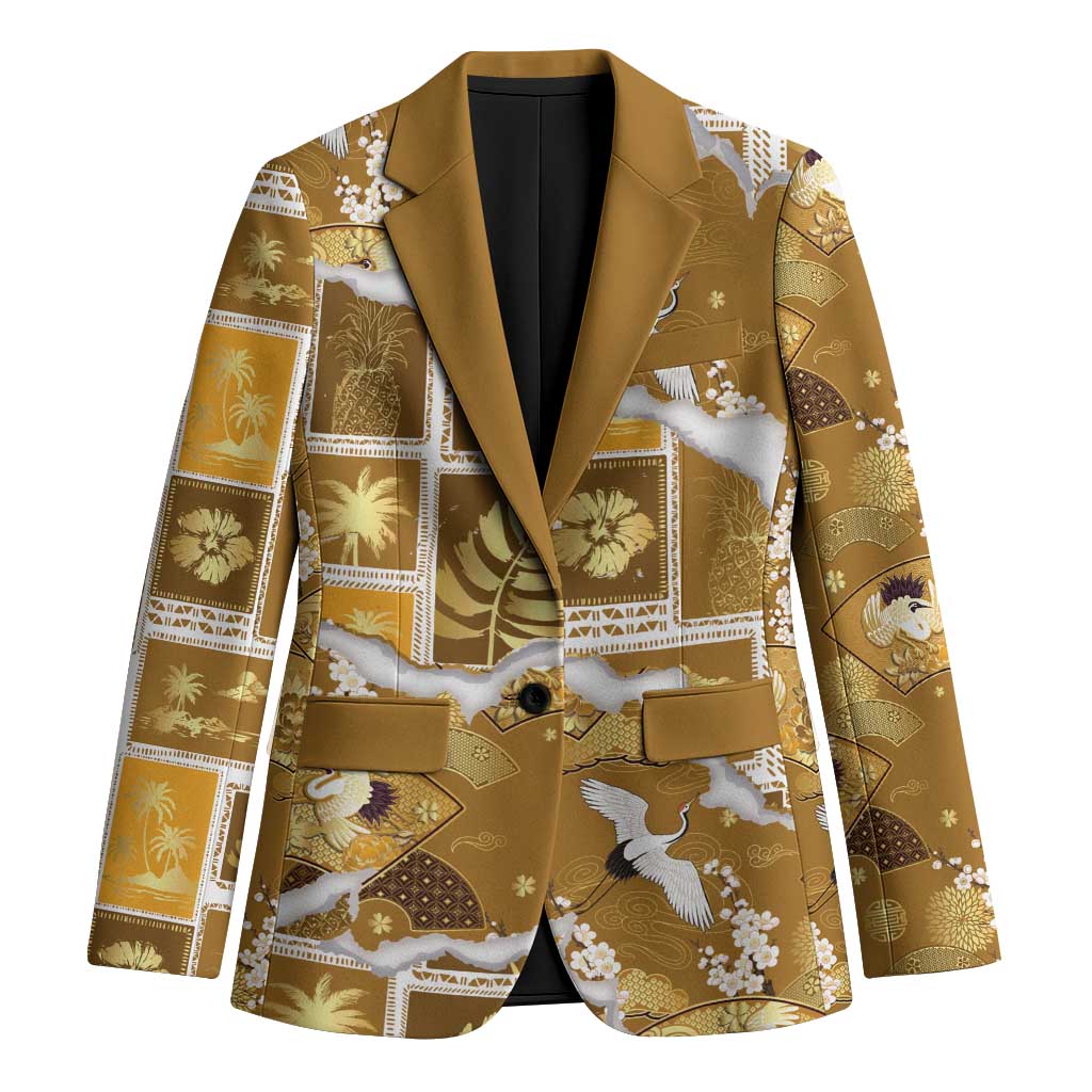Hawaii Japanese Culture Gold Blazer Spring Cranes Aloha Pattern LT01 Unisex Gold - Polynesian Pride
