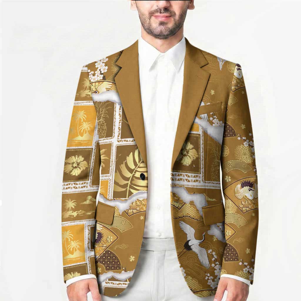 Hawaii Japanese Culture Gold Blazer Spring Cranes Aloha Pattern LT01 - Polynesian Pride