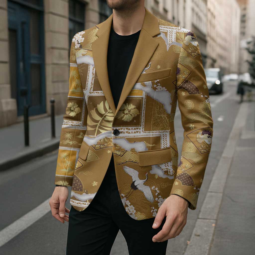 Hawaii Japanese Culture Gold Blazer Spring Cranes Aloha Pattern LT01 - Polynesian Pride