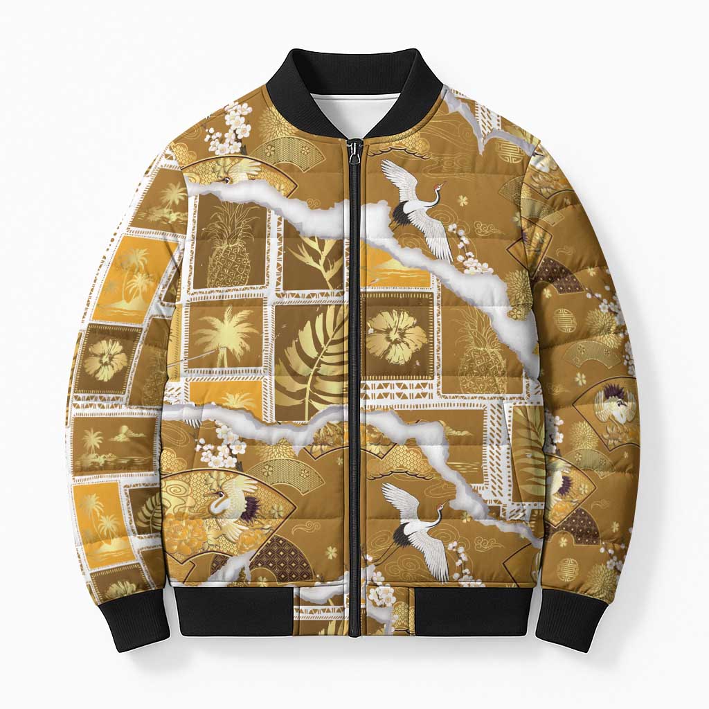 Hawaii Japanese Culture Gold Bomber Puffer Jacket Spring Cranes Aloha Pattern LT01 Unisex Gold - Polynesian Pride