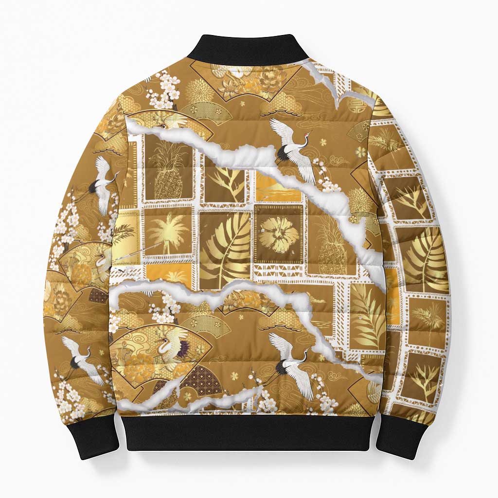 Hawaii Japanese Culture Gold Bomber Puffer Jacket Spring Cranes Aloha Pattern LT01 - Polynesian Pride