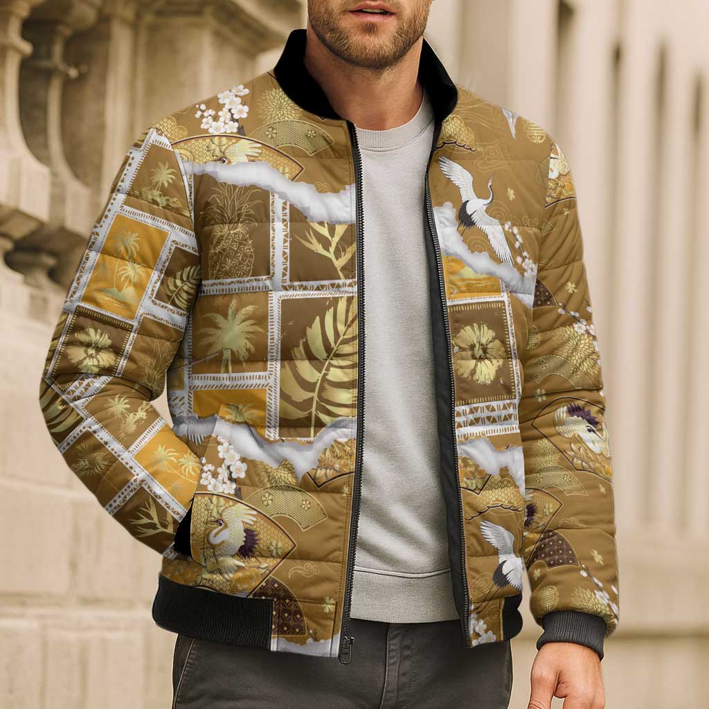Hawaii Japanese Culture Gold Bomber Puffer Jacket Spring Cranes Aloha Pattern LT01 - Polynesian Pride